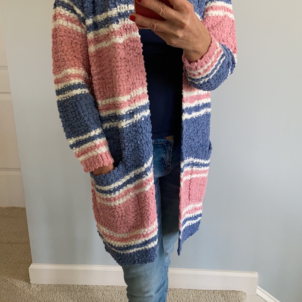 ink, Blue & Off White Stripe Popcorn Texture Open Cardigan - Picture 8 of 10